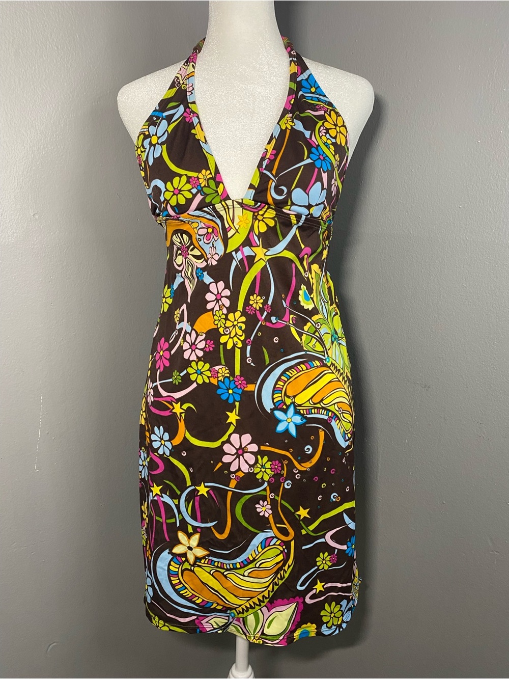 Vintage-Sacred Surf -Floral Psychedelic Halter Dreas- Brown with Bright Accents
